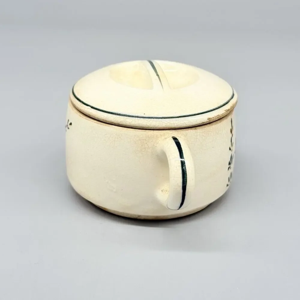 Vintage Stoneware Sugar Bowl With Lid & Handles Bird Design Cream Green Yellow
